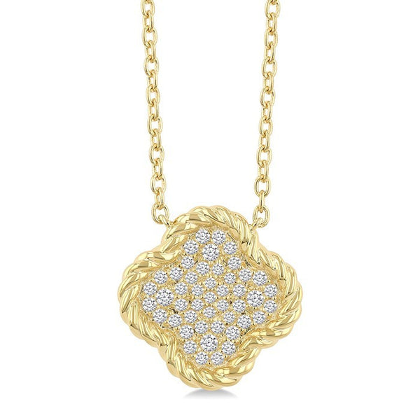 1/5 Ctw Round Cut Diamond Rope Border Clover Motif Fashion Pendant With Chain in 10K Yellow Gold