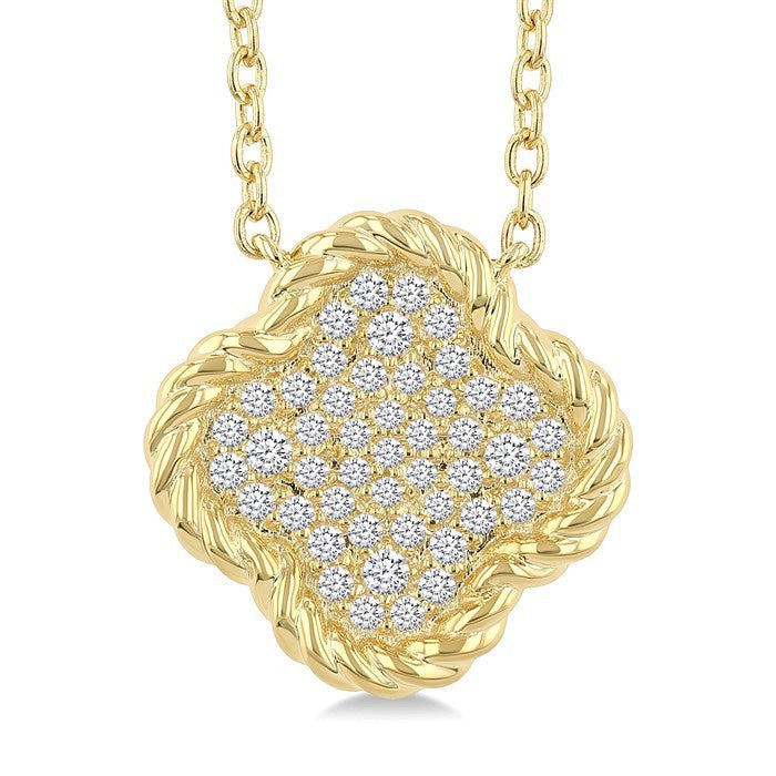 1/5 Ctw Round Cut Diamond Rope Border Clover Motif Fashion Pendant With Chain in 10K Yellow Gold