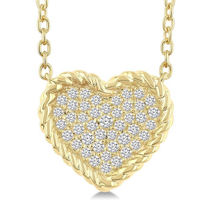 1/5 Ctw Round Cut Diamond Rope Border Heart Motif Fashion Pendant With Chain in 10K Yellow Gold