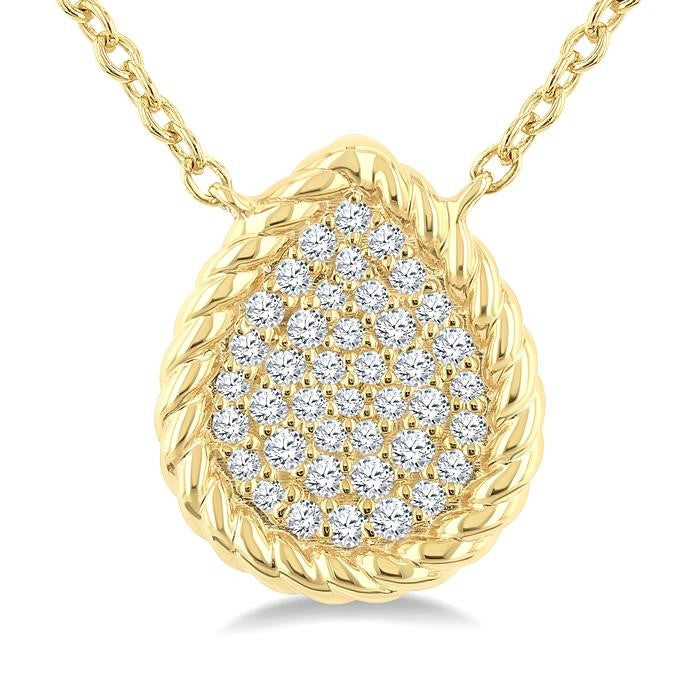 1/5 Ctw Pave Set Pear Shape Round Cut Diamond Fashion Pendant With Chain in 10K Yellow Gold