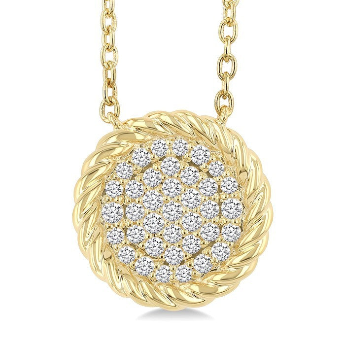 1/5 Ctw Round Cut Diamond Rope Border Circle Motif Fashion Pendant With Chain in 10K Yellow Gold