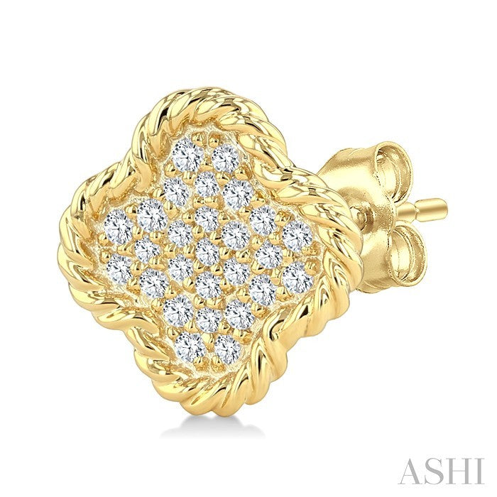 1/5 Ctw Round Cut Diamond Rope Border Clover Motif Fashion Stud Earrings in 10K Yellow Gold