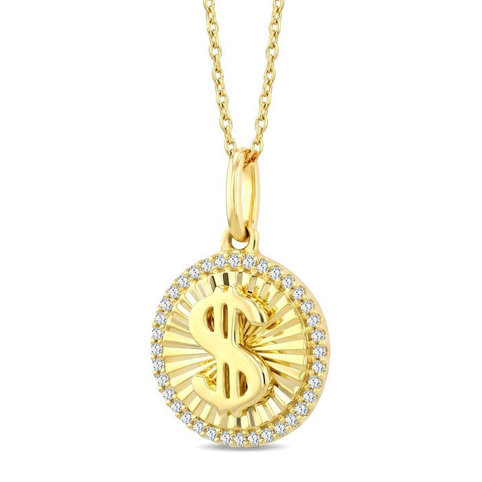 1/10 Ctw Round Cut Diamond Pirouette Dollar Fluted Pendant With Chain in 10K Yellow Gold