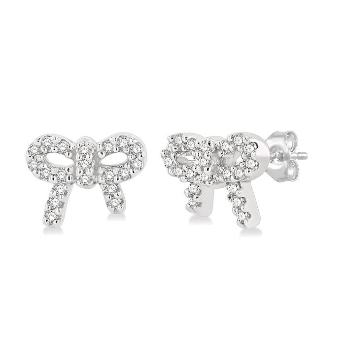 1/8 Ctw Bow Tie Round Cut Diamond Petite Fashion Earrings in 10K White Gold
