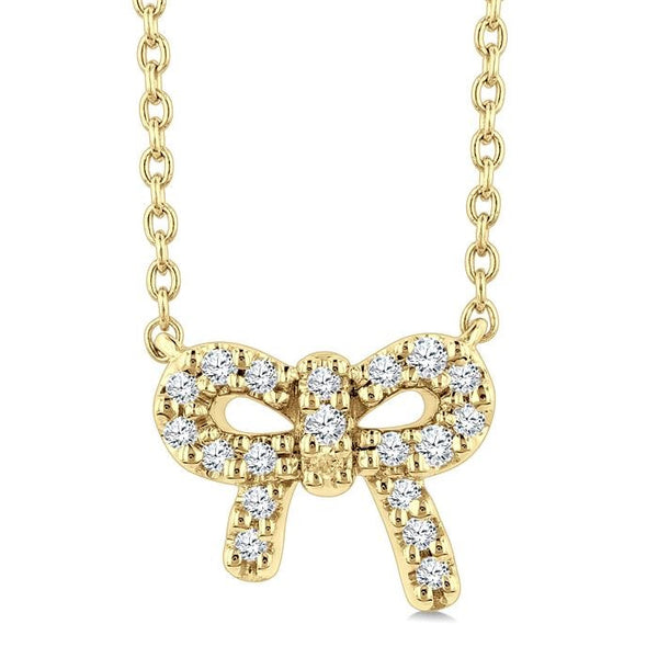 1/8 Ctw Bow Round Cut Diamond Ribbon Petite Fashion Pendant With Chain in 10K Yellow Gold