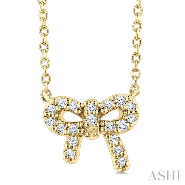 1/8 Ctw Bow Round Cut Diamond Ribbon Petite Fashion Pendant With Chain in 10K Yellow Gold