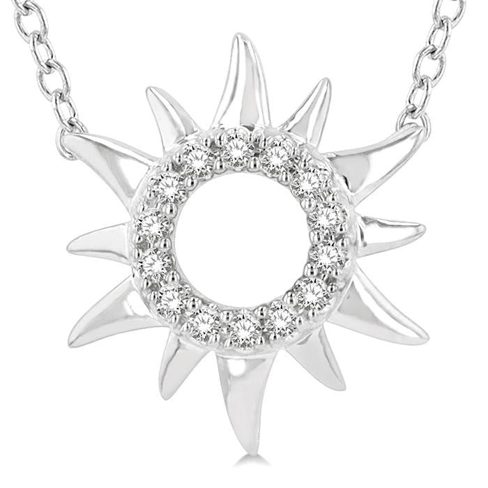 1/10 Ctw Sun Symbol Petite Round Cut Diamond Fashion Pendant With Chain in 10K White Gold