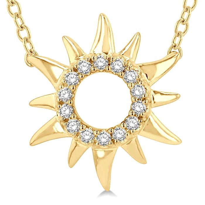 1/10 Ctw Sun Symbol Petite Round Cut Diamond Fashion Pendant With Chain in 10K Yellow Gold
