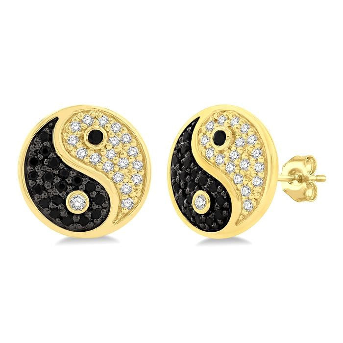 1/4 Ctw Petite Tao Yin Yang Black and White Round Cut Diamond Fashion Stud Earrings in 10K Yellow Gold
