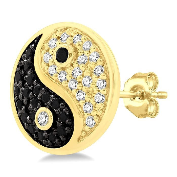 1/4 Ctw Petite Tao Yin Yang Black and White Round Cut Diamond Fashion Stud Earrings in 10K Yellow Gold