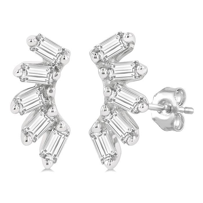 1/6 Ctw Curved Petite Baguette Cut Diamond Fashion Stud Earrings in 10K White Gold