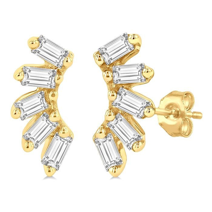 1/6 Ctw Curved Petite Baguette Cut Diamond Fashion Stud Earrings in 10K Yellow Gold