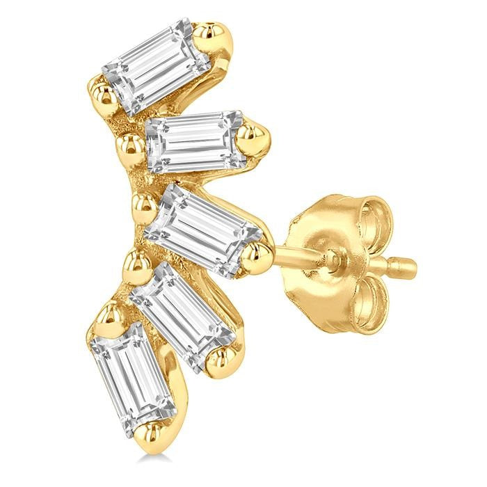 1/6 Ctw Curved Petite Baguette Cut Diamond Fashion Stud Earrings in 10K Yellow Gold