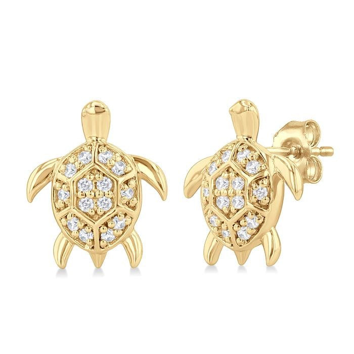 1/10 Ctw Petite Turtle Round Cut Diamond Fashion Stud Earrings in 10K Yellow Gold