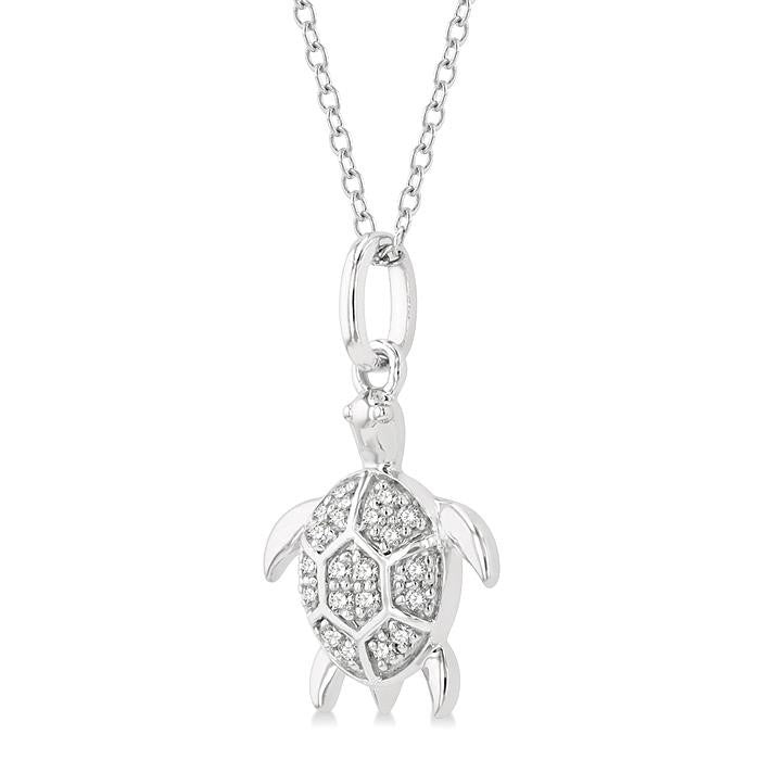 1/10 Ctw Sea Turtle Petite Round Cut Diamond Fashion Pendant With Chain in 10K White Gold