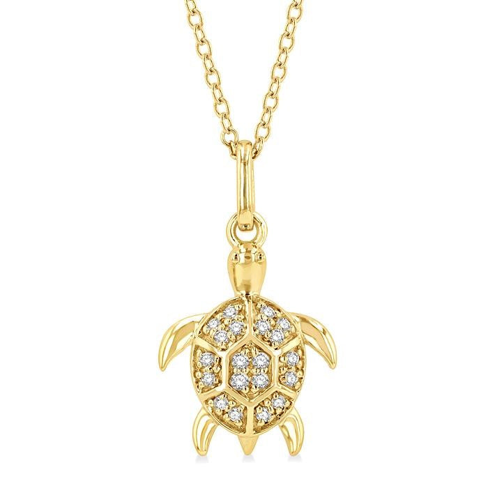1/10 Ctw Sea Turtle Petite Round Cut Diamond Fashion Pendant With Chain in 10K Yellow Gold