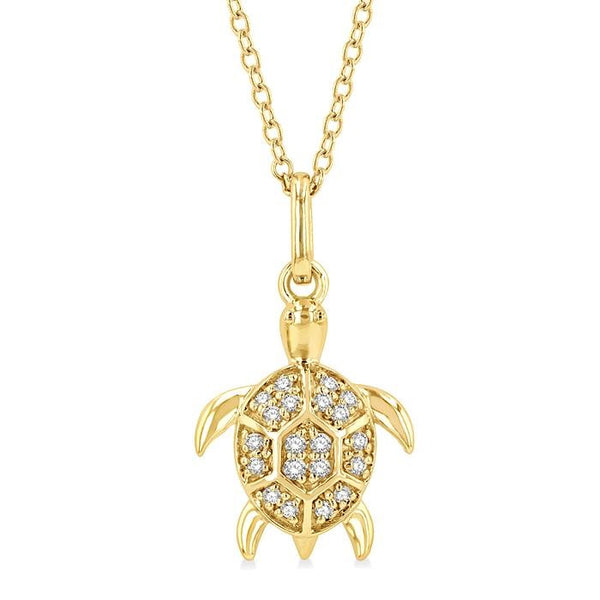 1/10 Ctw Sea Turtle Petite Round Cut Diamond Fashion Pendant With Chain in 10K Yellow Gold