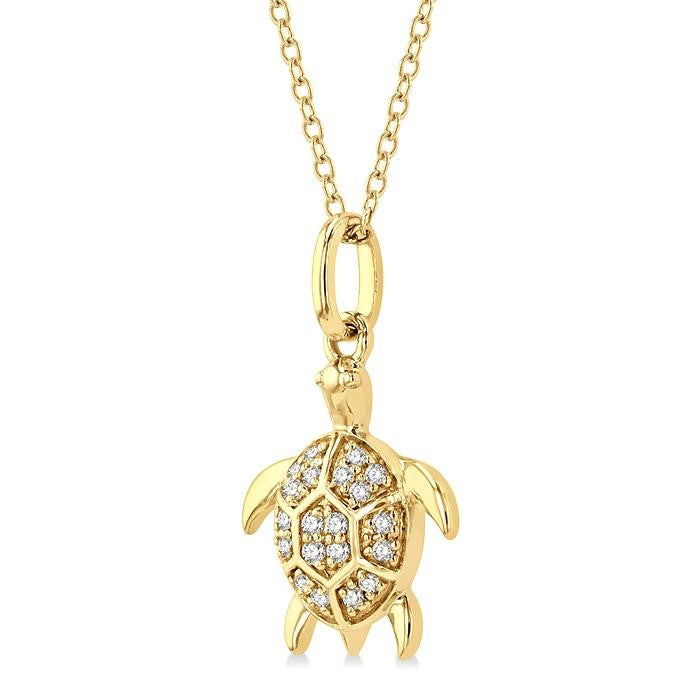 1/10 Ctw Sea Turtle Petite Round Cut Diamond Fashion Pendant With Chain in 10K Yellow Gold