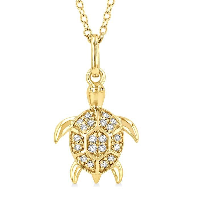 1/10 Ctw Sea Turtle Petite Round Cut Diamond Fashion Pendant With Chain in 10K Yellow Gold