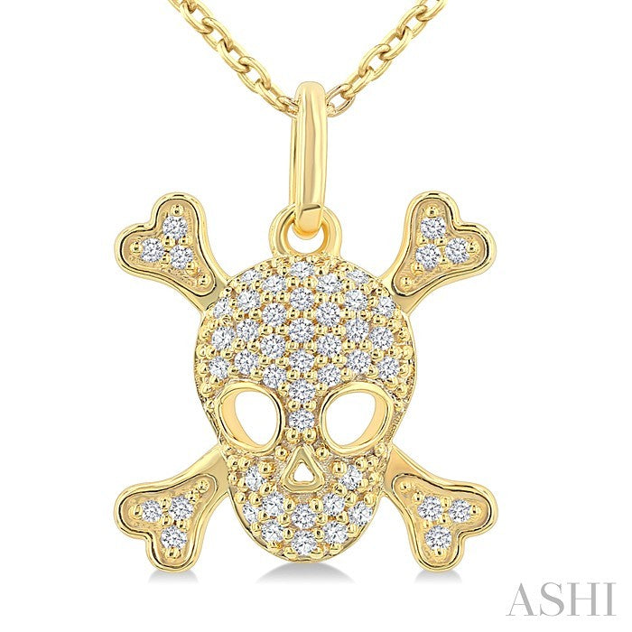 1/6 Ctw Petite Skull Round Cut Diamond Fashion Pendant With Chain in 10K Yellow Gold