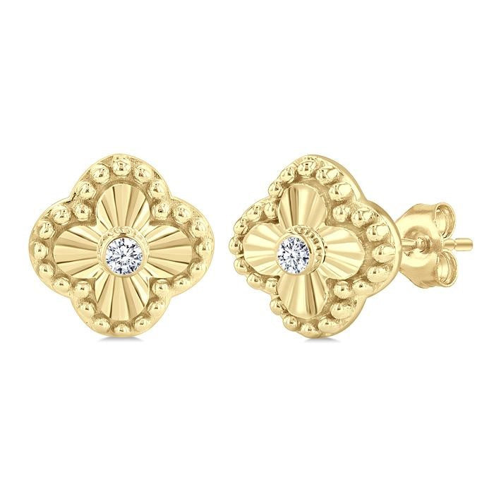 1/50 Ctw Fluted Texture Clover Bead Round Cut Diamond Bezel Set Fashion Earrings in 10K Yellow Gold