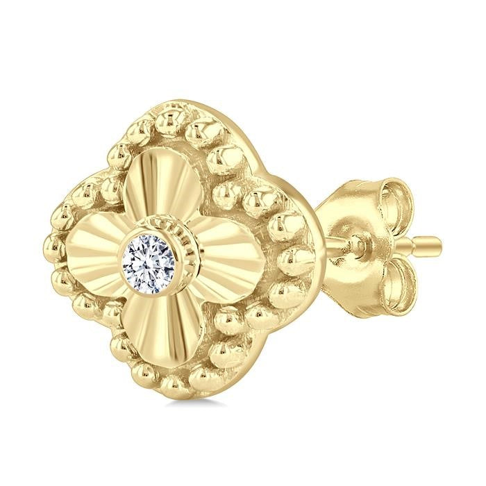 1/50 Ctw Fluted Texture Clover Bead Round Cut Diamond Bezel Set Fashion Earrings in 10K Yellow Gold