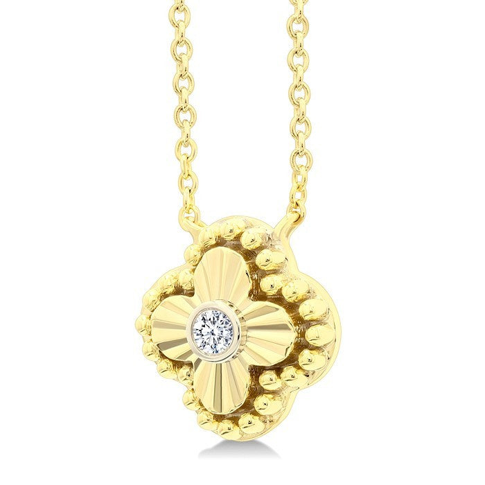 1/50 Ctw Fluted Texture Clover Bead Round Cut Diamond Fashion Pendant With Chain in 10K Yellow Gold