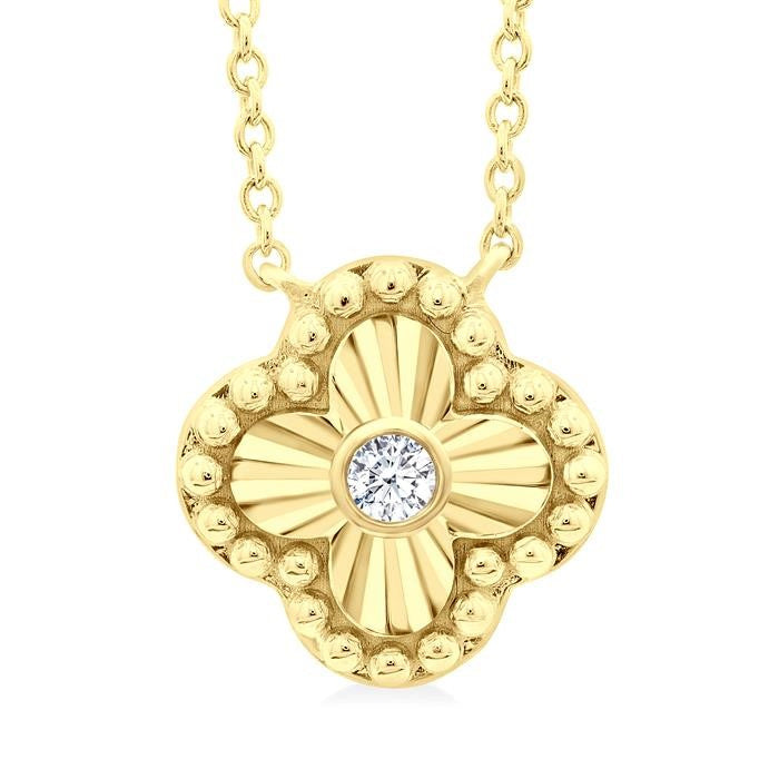 1/50 Ctw Fluted Texture Clover Bead Round Cut Diamond Fashion Pendant With Chain in 10K Yellow Gold