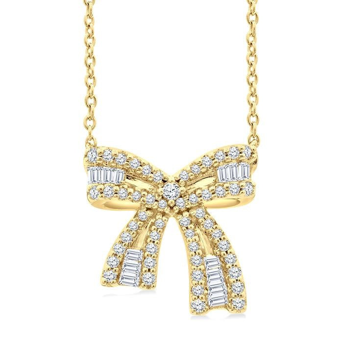 1/3 Ctw Bow Round Cut Diamond Fashion Pendant With Chain in 14k Yellow Gold