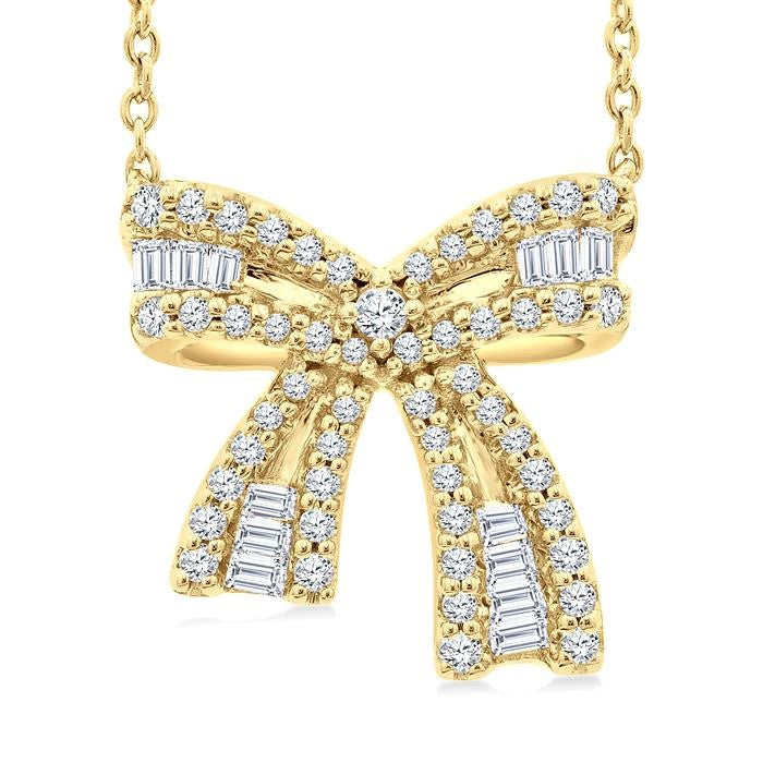 1/3 Ctw Bow Round Cut Diamond Fashion Pendant With Chain in 14k Yellow Gold