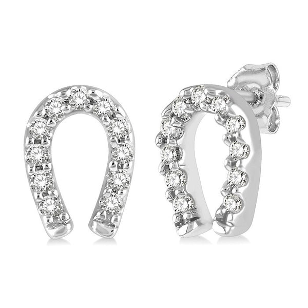 1/10 Ctw Horseshoe Charm Round Cut Diamond Petite Earrings in 10K White Gold