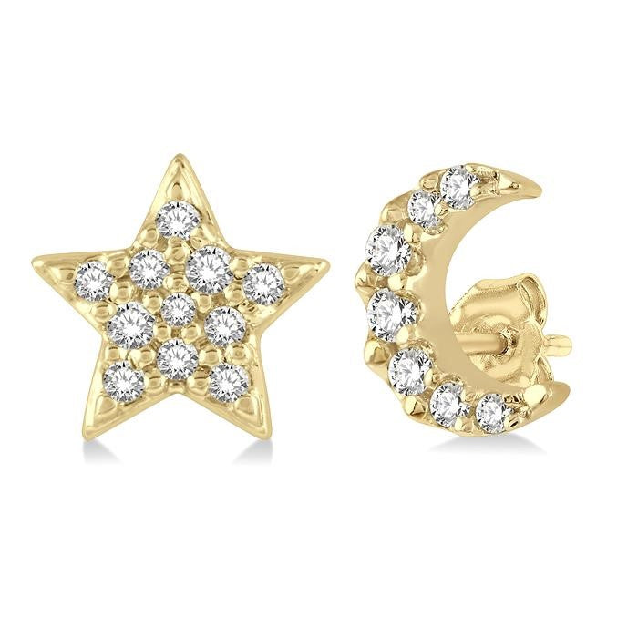 1/10 Ctw Star & Crescent Mix Round Cut Diamond Petite Fashion Earrings in 10K Yellow Gold