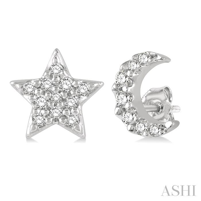 1/10 Ctw Star & Crescent Mix Round Cut Diamond Petite Fashion Earrings in 10K White Gold