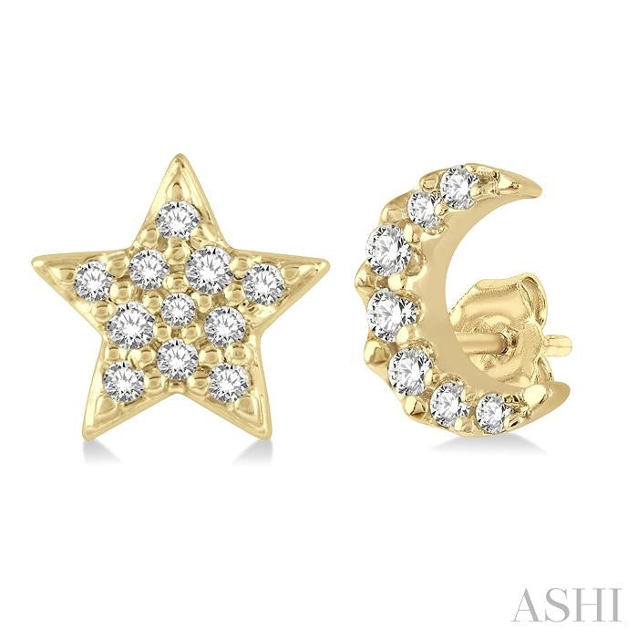 1/10 Ctw Star & Crescent Mix Round Cut Diamond Petite Fashion Earrings in 10K Yellow Gold