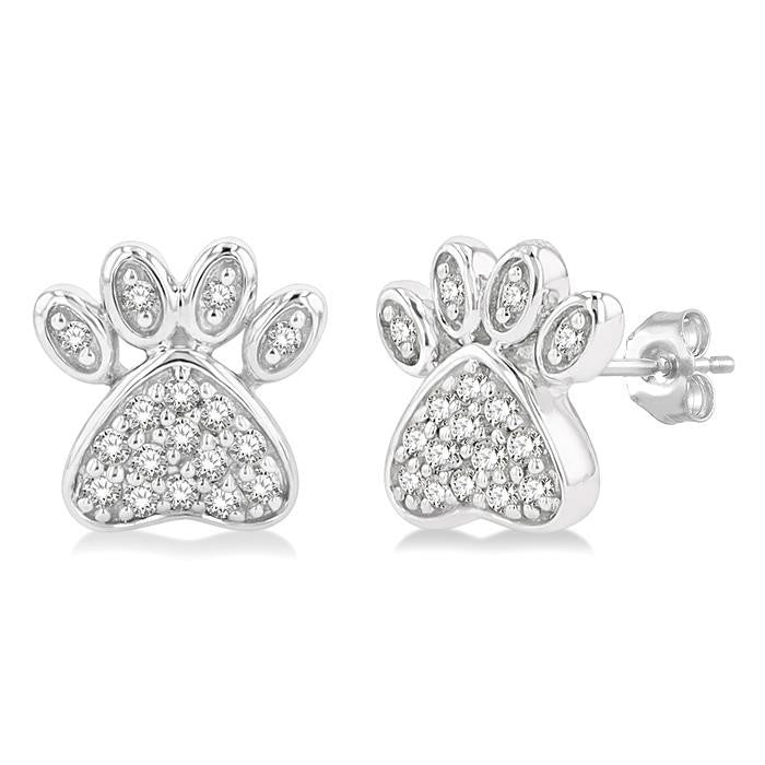 1/8 Ctw Petite Dog Paw Round Cut Diamond Fashion Stud Earrings in 10K White Gold
