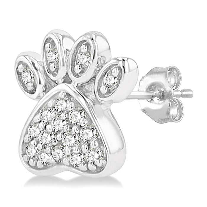 1/8 Ctw Petite Dog Paw Round Cut Diamond Fashion Stud Earrings in 10K White Gold
