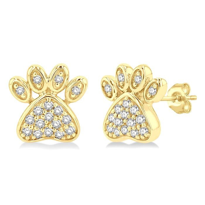 1/8 Ctw Petite Dog Paw Round Cut Diamond Fashion Stud Earrings in 10K Yellow Gold