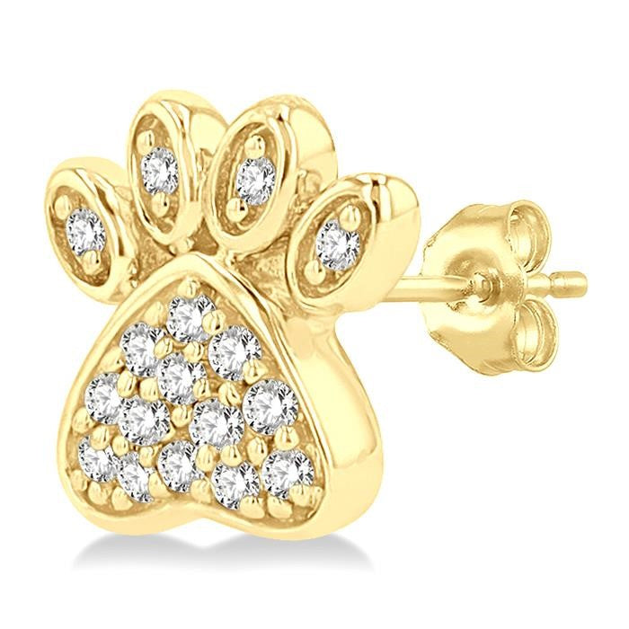 1/8 Ctw Petite Dog Paw Round Cut Diamond Fashion Stud Earrings in 10K Yellow Gold