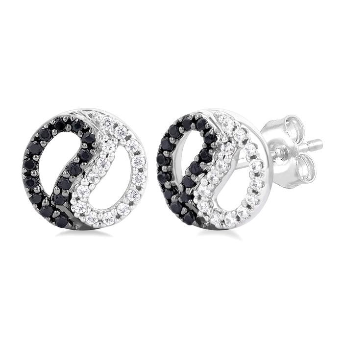 1/5 Ctw Petite Yin Yang Black & White Round Cut Diamond Fashion Stud Earrings in 10K White Gold