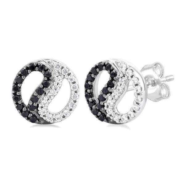 1/5 Ctw Petite Yin Yang Black & White Round Cut Diamond Fashion Stud Earrings in 10K White Gold