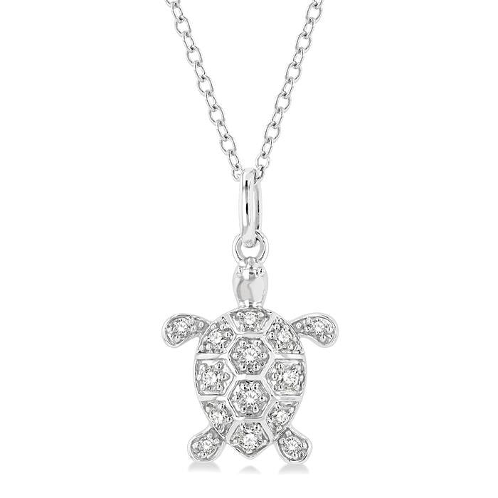 1/6 Ctw Marine Life Turtle Petite Round Cut Diamond Fashion Pendant With Chain in 10K White Gold