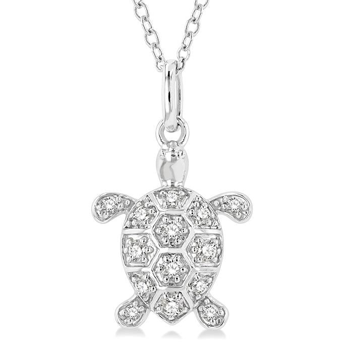 1/6 Ctw Marine Life Turtle Petite Round Cut Diamond Fashion Pendant With Chain in 10K White Gold