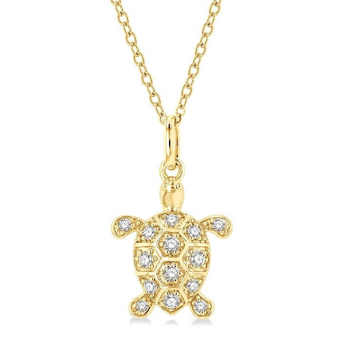 1/6 Ctw Marine Life Turtle Petite Round Cut Diamond Fashion Pendant With Chain in 10K Yellow Gold