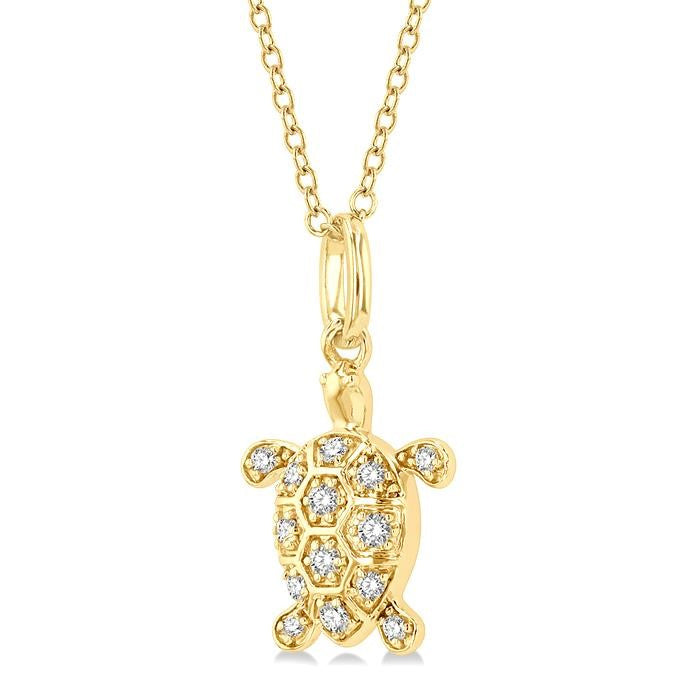 1/6 Ctw Marine Life Turtle Petite Round Cut Diamond Fashion Pendant With Chain in 10K Yellow Gold
