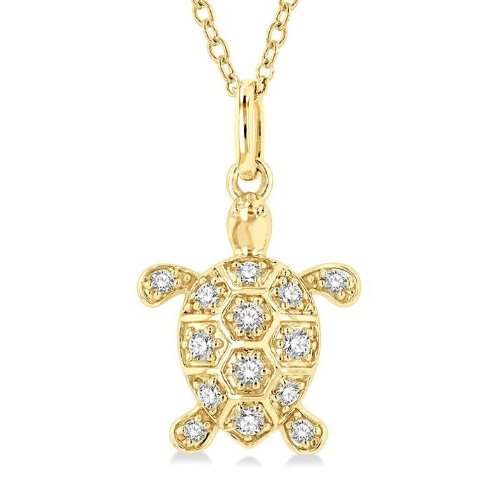 1/6 Ctw Marine Life Turtle Petite Round Cut Diamond Fashion Pendant With Chain in 10K Yellow Gold