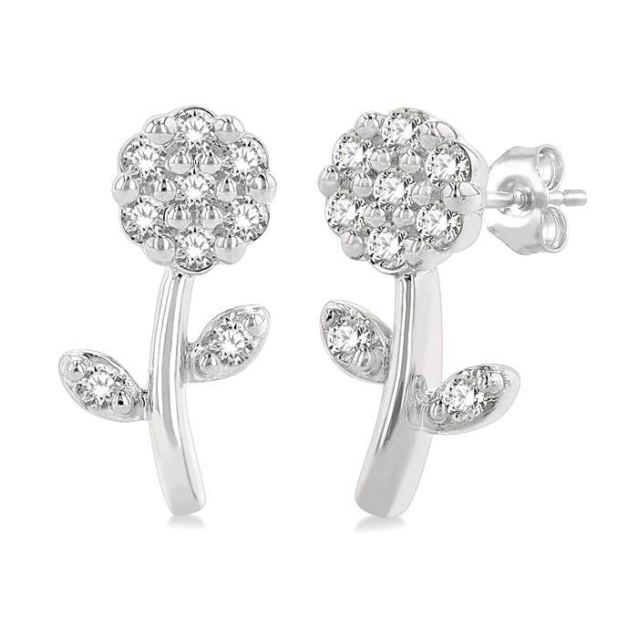 1/6 Ctw Petite Floral Round Cut Diamond Fashion Stud Earrings in 10K White Gold