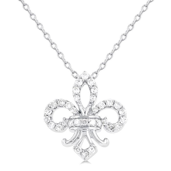 1/6 Ctw Petite Fleur De Lis Round Cut Diamond Fashion Pendant With Chain in 10K White Gold