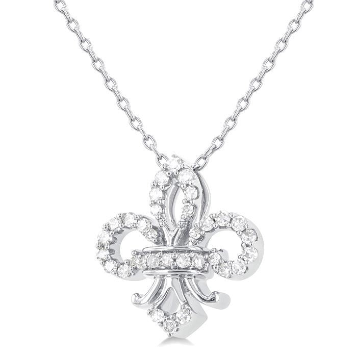 1/6 Ctw Petite Fleur De Lis Round Cut Diamond Fashion Pendant With Chain in 10K White Gold