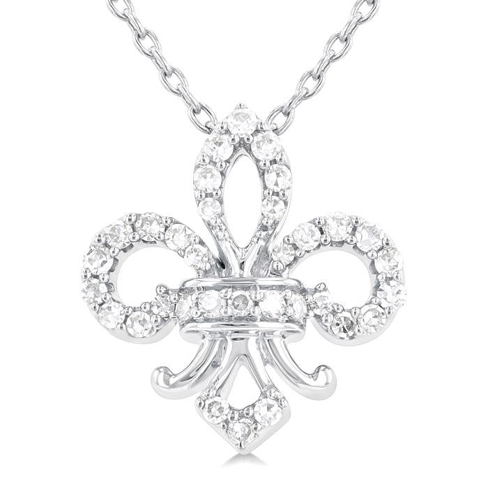 1/6 Ctw Petite Fleur De Lis Round Cut Diamond Fashion Pendant With Chain in 10K White Gold