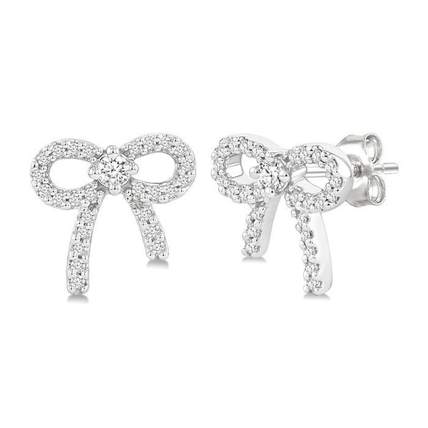 1/4 Ctw Round Cut Diamond Bow Petite Fashion Earrings in 10K White Gold
